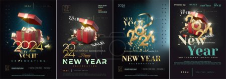 Frohes Neues Jahr 2024 Cover Design Poster. Mit der Abbildung von 3D-Uhren realistischen Fantasy-Stil mit starken Farben. Premium-Vektordesign für Feiern und Einladungen.