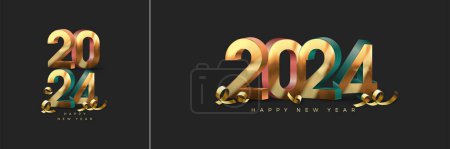 Photo for Happy new year number vector 3d luxury. In shiny gold color and with realistic gold ribbon. Premium vector background for 2024 new year celebration. - Royalty Free Image