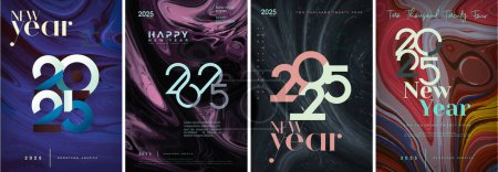 Happy new year 2025 with colorful downtown america illustration as a background. Vector magazine cover with unique numbers. Premium design vector happy new year 2025.