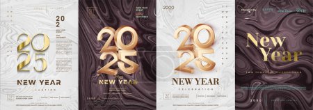 Happy new year 2025 design. With illustrations of elegant luxury clocks in gold. Luxury golden 3d numbers for posters, banners and covers. Premium vector illustration design.