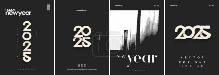 Sammlung von Vektor-Design-Postern, die ein frohes neues Jahr 2025 feiern. Mit schwarzem Hintergrund mit eleganten weißen und goldenen Zahlen.