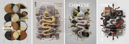 Design d'art moderne pour le Nouvel An chinois 2025. Avec des illustrations abstraites de serpents et de temples sous forme d'art contemporain abstrait géométrique.