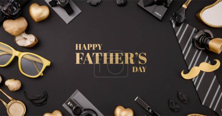 Luxury happy fathers day background. With illustrations of gift boxes, clocks, elegant love balloons on a luxurious black background.