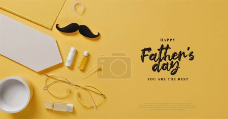 Unique design with illustration of glasses, mustache and clean paper on yellow background. Premium design for happy fathers day celebrations.