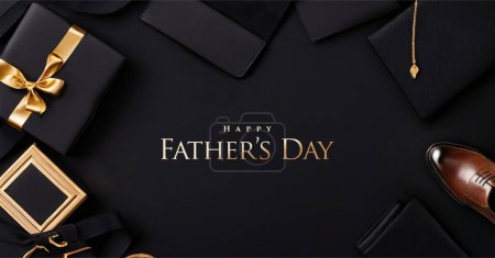 Happy fathers day luxury with gold lettering on solit black background. Design for greetings, invitations and social media posts.