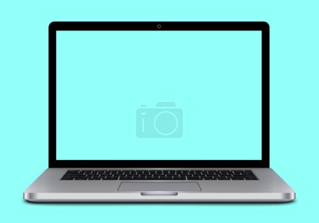 Draufsicht auf realistischen perspektivischen Laptop mit Tastatur isoliert auf türkisfarbenem Hintergrund offene Neigung 90 Grad. Computernotebook mit leerer Bildschirmvorlage. Leerraum auf dem mobilen Computer mit Tastatur. Vektorillustration