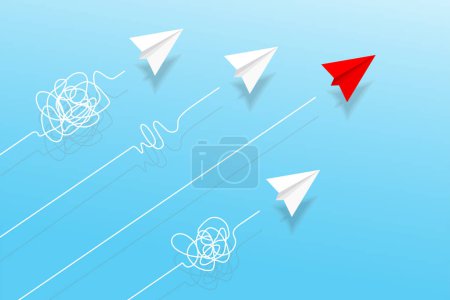 Photo for Top view of paper planes with doodle line in the sky. Origami aircraft. Geometric shape symbol. Concept of business, leadership, solution, success, education, teamwork, mission target, think different - Royalty Free Image