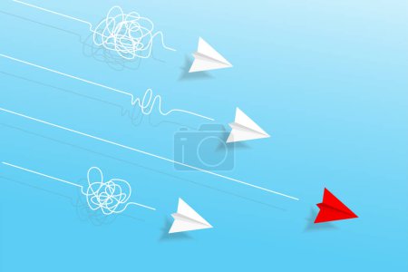 Photo for Top view of paper planes with doodle line tilt down in the sky. Origami aircraft. Geometric shape symbol. Concept of business, leadership, solution, success, education, teamwork, mission target, think different - Royalty Free Image