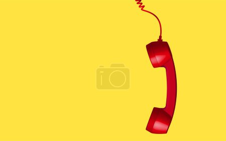 Photo for 3d red vintage phone receiver isolated on yellow background. Retro analog telephone handset. Old communicate technology. object composition right background vector illustration - Royalty Free Image