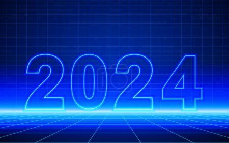 Photo for 2024 number neon light outline on Futuristic technological grid background. Digital cyber space scene design, cyberpunk technology, Virtual reality, science fiction matrix backdrop - Royalty Free Image