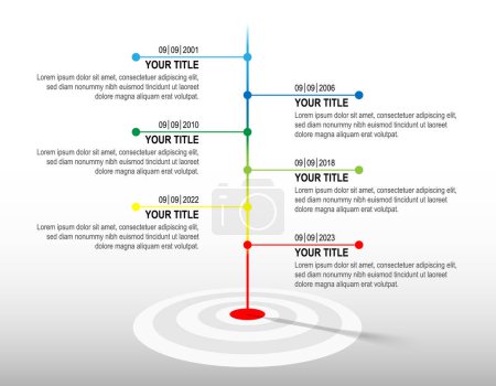 Photo for Colour line hit to dartboard with sample infographic. target timeline. Business success data chart, investment goal, marketing challenge, strategy presentation, achievement diagram. vector template. - Royalty Free Image