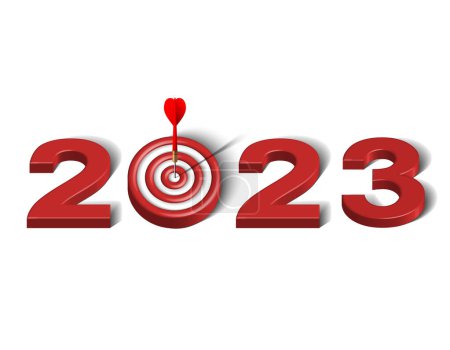 Photo for Red dart hit to center of dartboard between number. New Year 3d target and goals with symbol of 2023. Business success, investment goal, financial strategy, purpose achievement vector concept. - Royalty Free Image