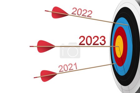 Photo for Three Red arrows hit to dartboard with 2023 number. Archery target and bullseye. Business success, investment goal, opportunity challenge, aim strategy, achievement focus concept - Royalty Free Image