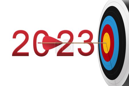 Photo for Red arrow hit to center of dartboard with 2023 number. Archery target and bullseye. Business success, investment goal, challenge, aim strategy, achievement focus concept. - Royalty Free Image
