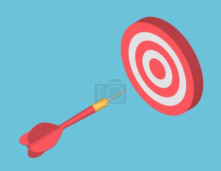 Photo for Small one Dart arrow isometric. Red dart hit to center of dartboard. Arrow on bullseye in target. Business success, investment goal, marketing challenge, financial strategy, purpose achievement, focus ideas concept. 3d vector - Royalty Free Image