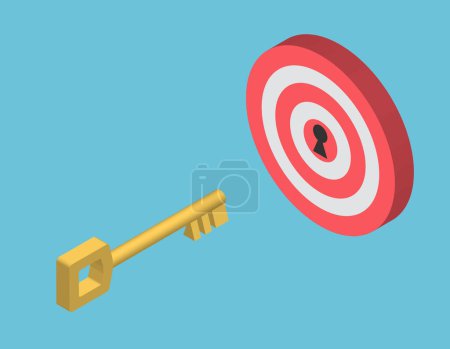 Photo for Golden key like dart arrow break through dartboard isometric. Red dart hit to center of dartboard. Arrow on bullseye in target. Business success, investment goal, marketing challenge, financial strategy, purpose achievement concept. 3d vector - Royalty Free Image