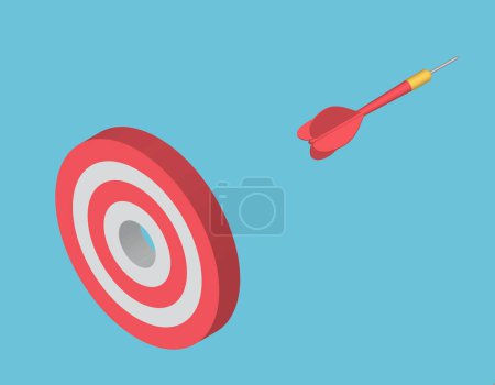 Photo for Dart arrow break through dartboard isometric. Red dart hit to center of dartboard. Arrow on bullseye in target. Business success, investment goal, marketing challenge, financial strategy, purpose achievement, focus ideas concept. 3d vector - Royalty Free Image