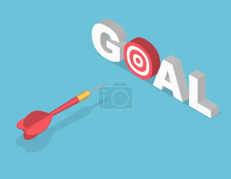 Photo for Dart arrow hit to goal text with dartboard isometric. Red dart hit to center of dartboard. Arrow on bullseye in target. Business success, investment goal, marketing challenge, financial strategy, purpose achievement, focus ideas concept. 3d vector - Royalty Free Image