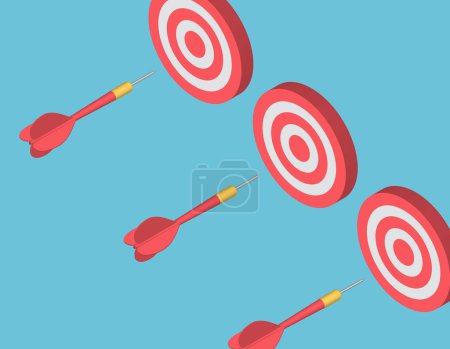 Photo for Three Dart arrows and target isometric. Red dart hit to center of dartboard. Arrow on bullseye in target. Business success, investment goal, marketing challenge, financial strategy, purpose achievement, focus ideas concept. 3d vector - Royalty Free Image