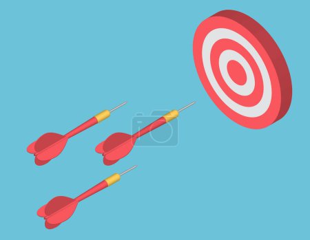 Photo for Three Dart arrows isometric. Red dart hit to center of dartboard. Arrow on bullseye in target. Business success, investment goal, marketing challenge, financial strategy, purpose achievement, focus ideas concept. 3d vector - Royalty Free Image