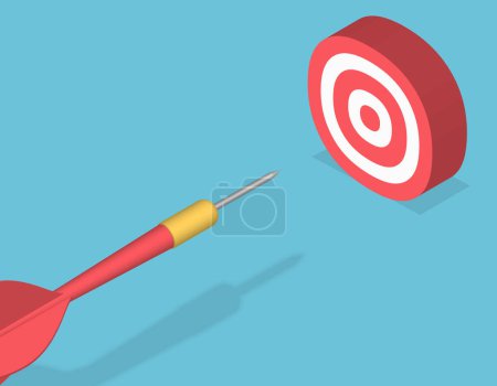 Photo for Big one Dart arrow isometric. Red dart hit to center of dartboard. Arrow on bullseye in target. Business success, investment goal, marketing challenge, financial strategy, purpose achievement, focus ideas concept. 3d vector - Royalty Free Image