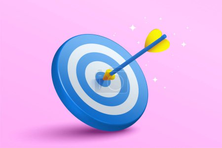 Photo for 3d blue dart hit to center of blue dartboard. Arrow on bullseye in target. Business success, investment goal, opportunity challenge, aim strategy, achievement focus concept. 3d realistic vector illustration - Royalty Free Image