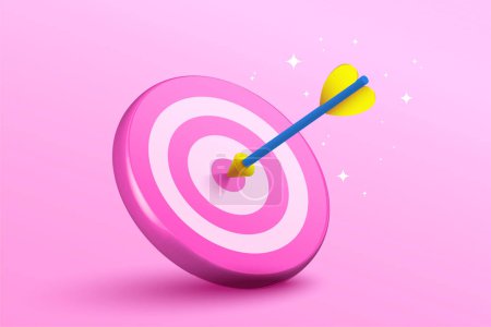 Photo for 3d Blue dart hit to center of pink dartboard. Arrow on bullseye in target. Business success, investment goal, opportunity challenge, aim strategy, achievement focus concept. 3d realistic vector illustration - Royalty Free Image