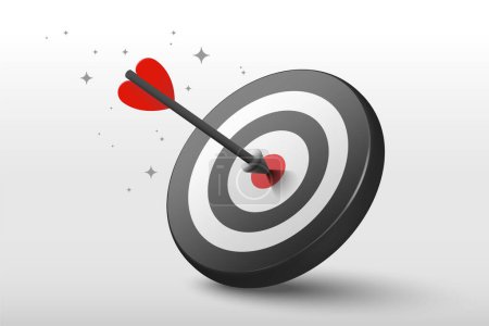 Photo for 3d Red dart hit to center of dartboard. Arrow on bullseye in target. Business success, investment goal, opportunity challenge, aim strategy, achievement focus concept. 3d realistic vector illustration - Royalty Free Image