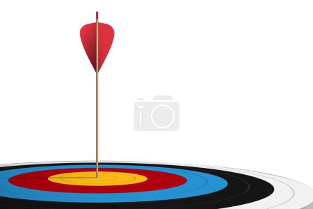 Photo for One Red arrow hit to center of dartboard on the floor left composition with white background. Archery target and bullseye. Business success, investment goal, opportunity challenge, aim strategy, achievement focus concept. 3d vector illustration - Royalty Free Image