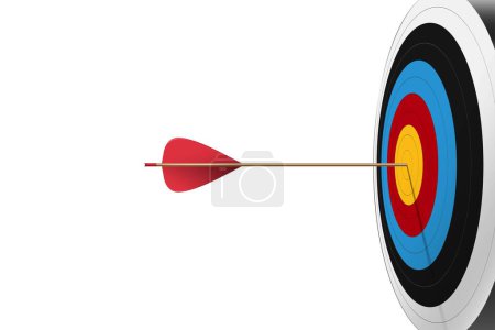 Photo for One Red arrow hit to center of dartboard on right composition with white background. Archery target and bullseye. Business success, investment goal, opportunity challenge, aim strategy, achievement focus concept. 3d realistic vector illustration - Royalty Free Image