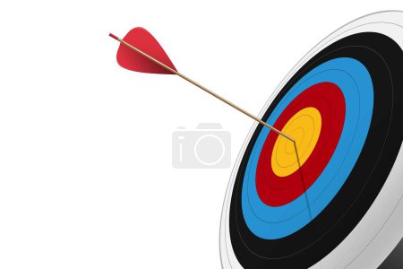 Photo for One Red arrow hit to center of dartboard with white background. Archery target and bullseye. Business success, investment goal, opportunity challenge, aim strategy, achievement focus concept. 3d realistic vector illustration - Royalty Free Image