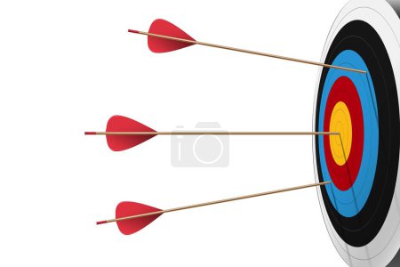 Téléchargez les photos : Three Red arrows hit to dartboard with white background. Archery target and bullseye. Business success, investment goal, opportunity challenge, aim strategy, achievement focus concept. 3d realistic vector illustration - en image libre de droit