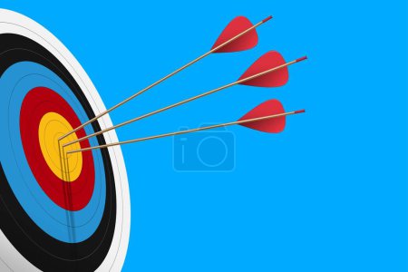 Photo for Three Red arrows hit to center of dartboard with light blue background. Archery target and bullseye. Business success, investment goal, opportunity challenge, aim strategy, achievement focus concept. 3d realistic vector illustration - Royalty Free Image