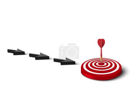 Photo for 3d Arrow line to dart hit to center of dartboard on the floor. Arrow guideline to target. Business success, investment goal, opportunity challenge, aim strategy, achievement project, leadership concept. - Royalty Free Image