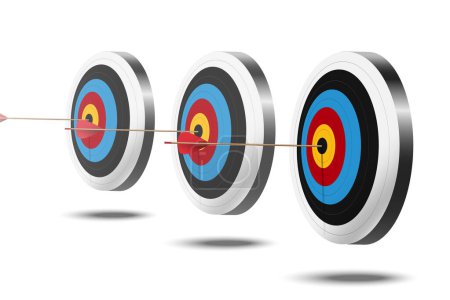 Photo for Red arrow hit to center of dartboard. Archery target and bullseye. Business success, investment goal, opportunity challenge, aim strategy, achievement focus concept. 3d realistic vector illustration - Royalty Free Image