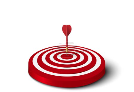 Illustration for Close up of 3d red dart hit to center of red dartboard on the floor. Arrow on bullseye in target. Business success, investment goal, opportunity challenge, aim strategy, achievement project concept. vector illustration - Royalty Free Image