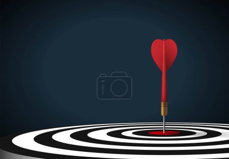 Photo for Red dart hit to center of dartboard on the floor right composition in dark scene. Arrow on bullseye in target. Business success, investment goals, marketing challenge, financial strategy, purpose achievement, focus ideas concept. 3d vector - Royalty Free Image