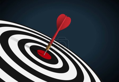 Photo for Red dart hit to center of dartboard left composition in dark scene. Arrow on bullseye in target. Business success, investment goals, marketing challenge, financial strategy, purpose achievement, focus ideas concept. 3d vector - Royalty Free Image