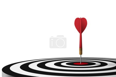 Photo for Red dart hit to center of dartboard right composition with white background. Arrow on bullseye in target. Business success, investment goals, marketing challenge, financial strategy, purpose achievement, focus ideas concept. vector illustration - Royalty Free Image