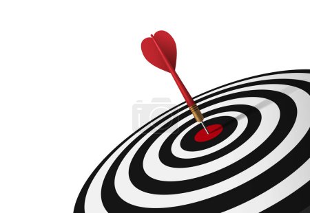Photo for Red dart hit to center of dartboard right composition tilt 45 degree with white background. Arrow on bullseye in target. Business success, investment goals, marketing challenge, financial strategy, purpose achievement, focus ideas concept. 3d vector - Royalty Free Image