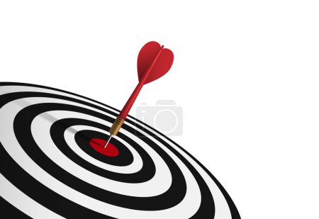 Photo for Red dart hit to center of dartboard left composition tilt 45 degree with white background. Arrow on bullseye in target. Business success, investment goals, marketing challenge, financial strategy, purpose achievement, focus ideas concept. 3d vector - Royalty Free Image