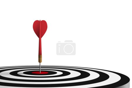 Photo for Red dart hit to center of dartboard left composition with white background. Arrow on bullseye in target. Business success, investment goals, marketing challenge, financial strategy, purpose achievement, focus ideas concept. vector illustration - Royalty Free Image