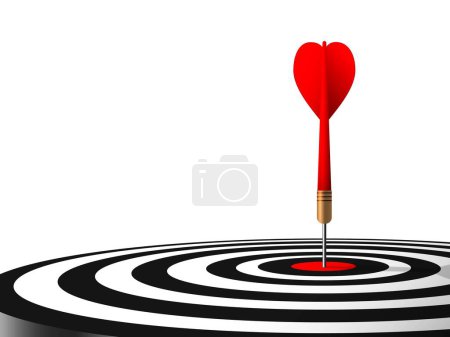 Photo for Light red dart hit to center of dartboard right composition with white background. Arrow on bullseye in target. Business success, investment goals, marketing challenge, financial strategy, purpose achievement, focus ideas concept. vector illustration - Royalty Free Image