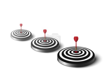Téléchargez les illustrations : Three red dart hit to center of dartboard on the floor. Arrow on bullseye in target. Business success, investment goal, opportunity challenge, aim strategy, achievement project concept. 3d vector illustration - en licence libre de droit