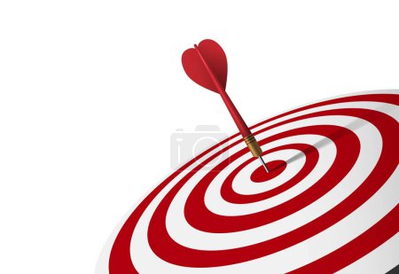 Photo for Red dart hit to center of dartboard tilt angle 45 degree on right composition on white background. Arrow on bullseye in target. Business success, investment goals, marketing challenge, financial strategy, purpose achievement, focus ideas concept. - Royalty Free Image