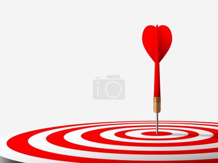 Photo for Red dart hit to center of dartboard on the floor right composition on white background. Arrow on bullseye in target. Business success, investment goals, marketing challenge, financial strategy, purpose achievement, focus ideas concept. illustration - Royalty Free Image