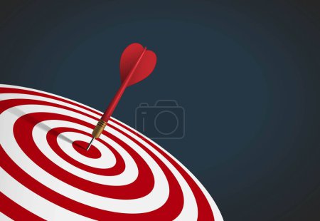 Photo for Red dart hit to center of dartboard tilt angle 45 degree on left composition in dark scene. Arrow on bullseye in target. Business success, investment goals, marketing challenge, financial strategy, purpose achievement, focus ideas concept. 3d vector - Royalty Free Image