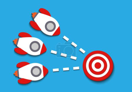 Photo for Three Rockets tilt angle target to center dartboard. Arrow dart aim goal on bullseye in target. Business success, investment goal, opportunity challenge, aim strategy, achievement focus concept. vector illustration - Royalty Free Image