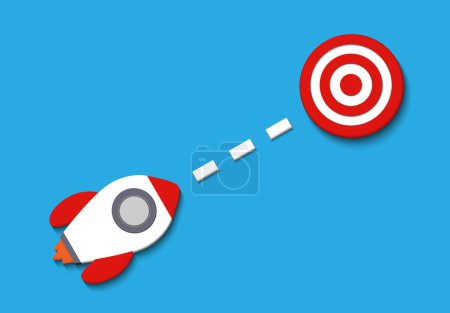 Photo for Red rocket targeting to hit to center dartboard. Arrow dart aim goal on bullseye in target. Business success, investment goal, opportunity challenge, aim strategy, achievement focus concept. vector illustration - Royalty Free Image