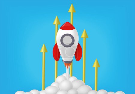 Photo for Rocket luanch rising with arrows going up. Business startup, career development, Project success, growth and boost, investment goal, Aim target, opportunity challenge, strategy planning, achievement focus concept. - Royalty Free Image